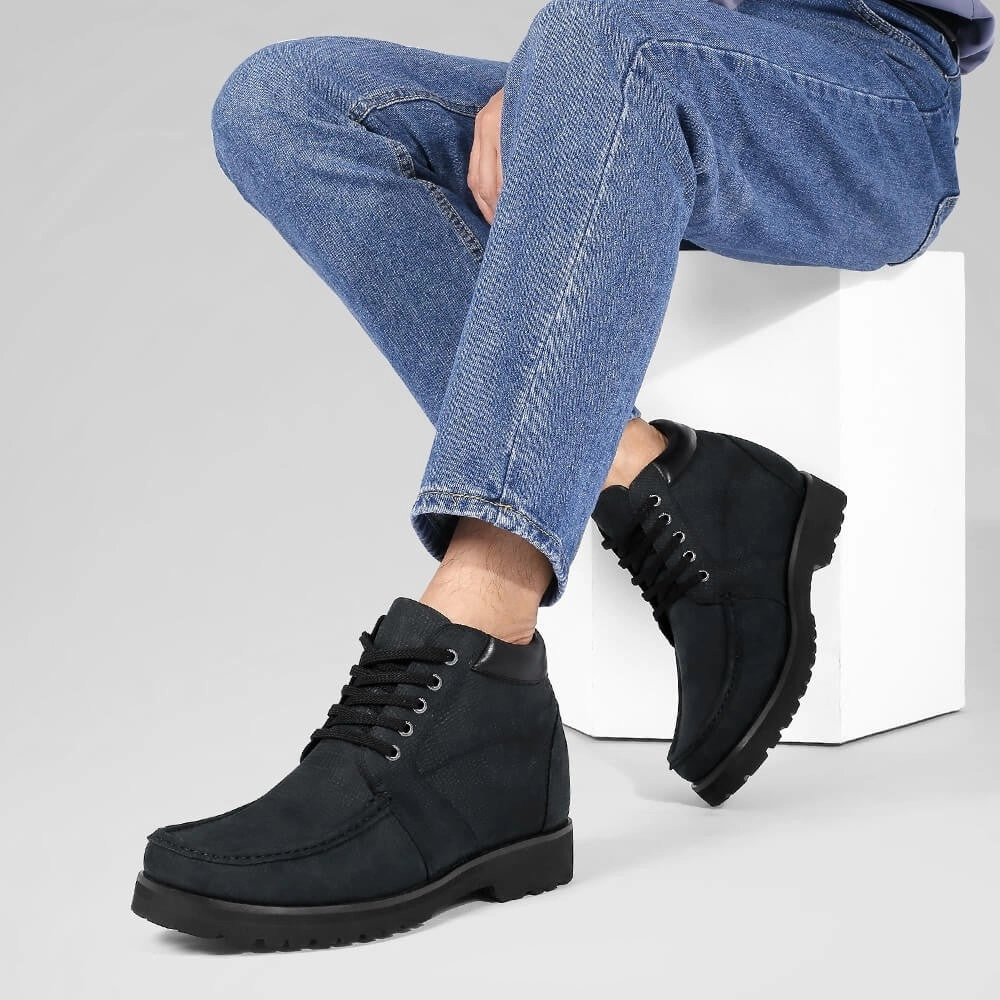 10CM/3.94 Inches CMR CHAMARIPA Men's Black Nubuck Boots - Square Toe Design Hoffman Boots Idaho