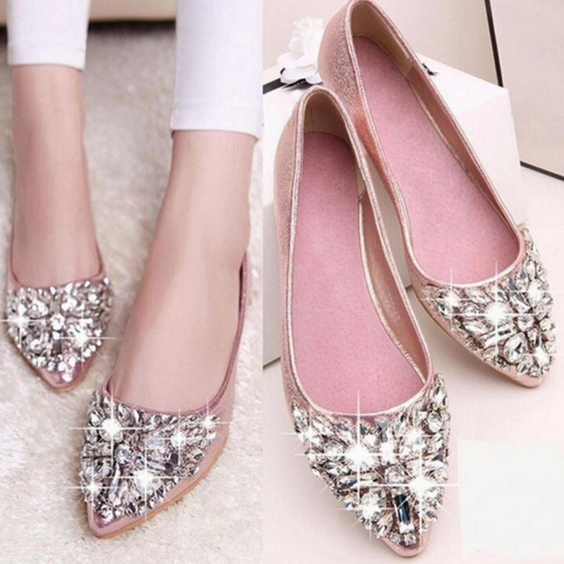 2016 Summer Women Crystal Flats Shoes Fashion Flats for Women Pointed Toe Soft Flat Heel Shoes Rhinestone Flats Plus Size 35-40 Flat Occasion Shoes