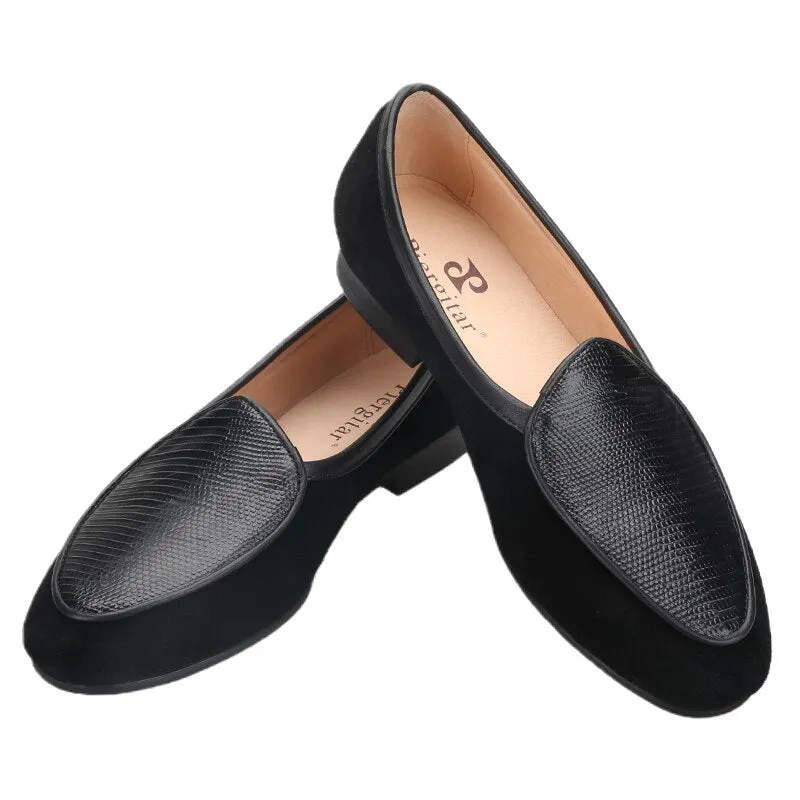 2023 Handcrafted Black Suede Cowhide Belgian Shoes Classic Slip-On Men Loafers Chunky Heel Loafers