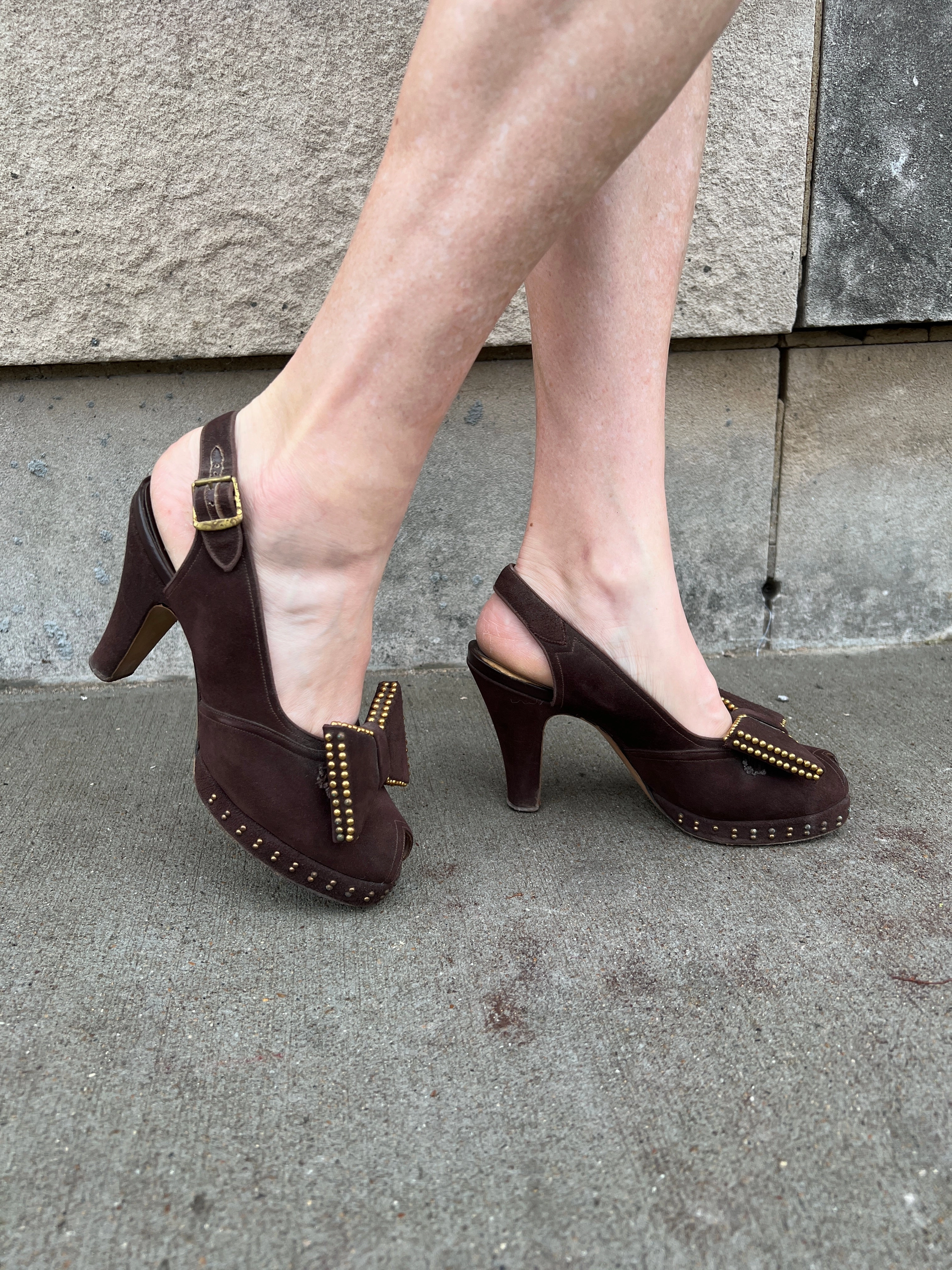 Adidas Shoes Boost 40s Brown Suede Peep Toe Sling Back Shoes,  Bows on Toes, Valcraft Shoes