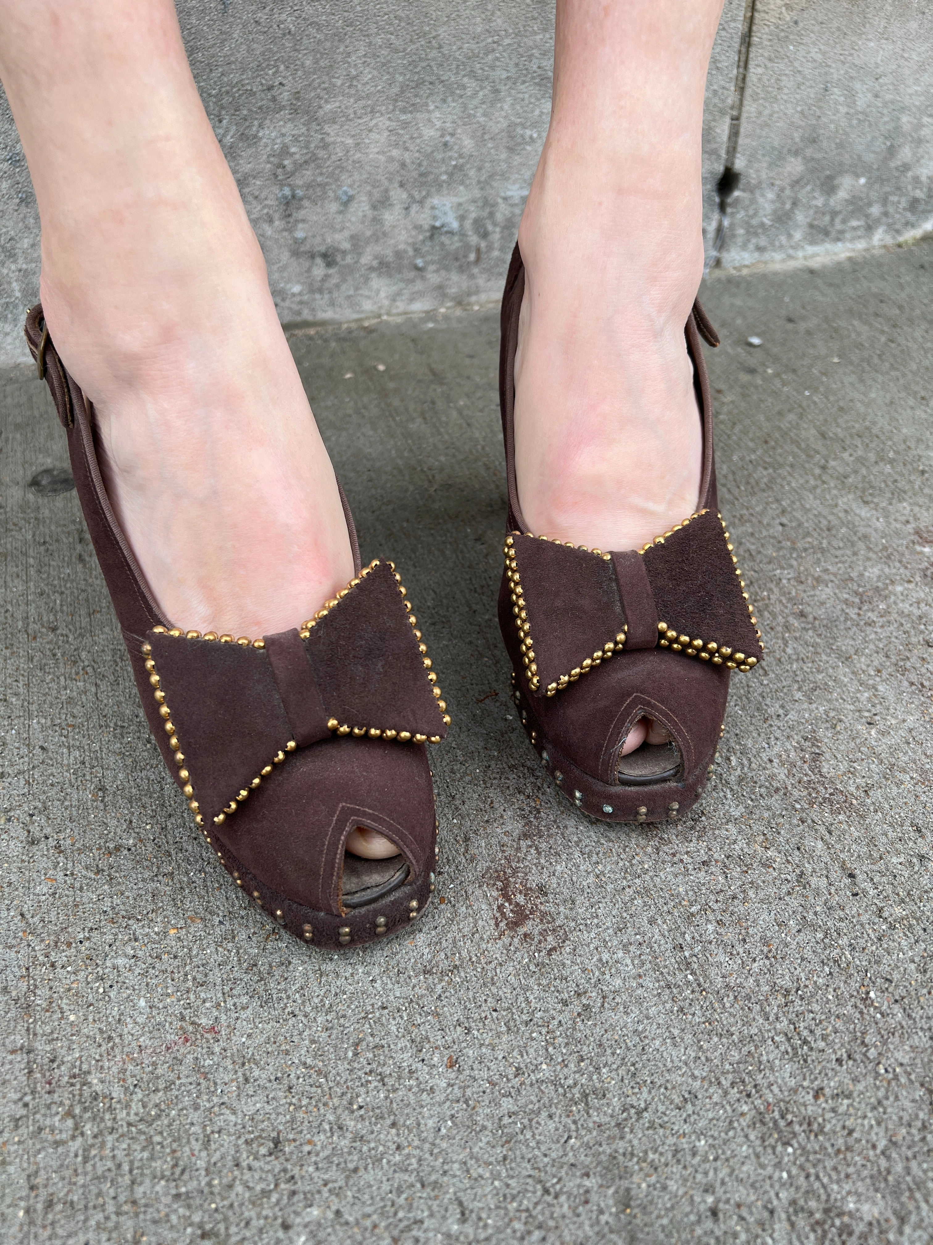40s Brown Suede Peep Toe Sling Back Shoes,  Bows on Toes, Valcraft Shoes New Adidas Shoes Golf