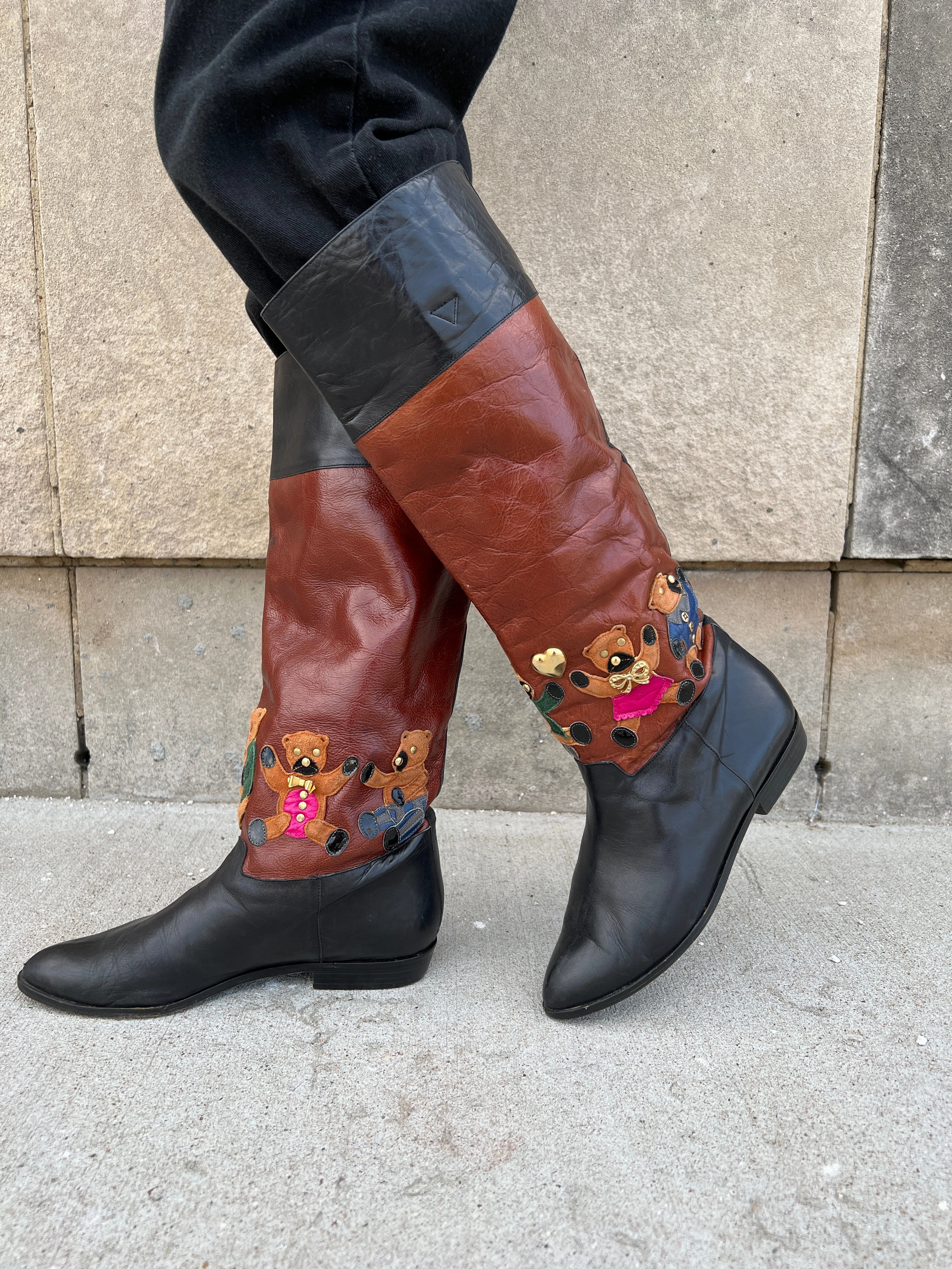 80s Black Leather Boots, Bear Decoration Beverly Feldman Size 8 Adidas Courtflash Tennis Shoes