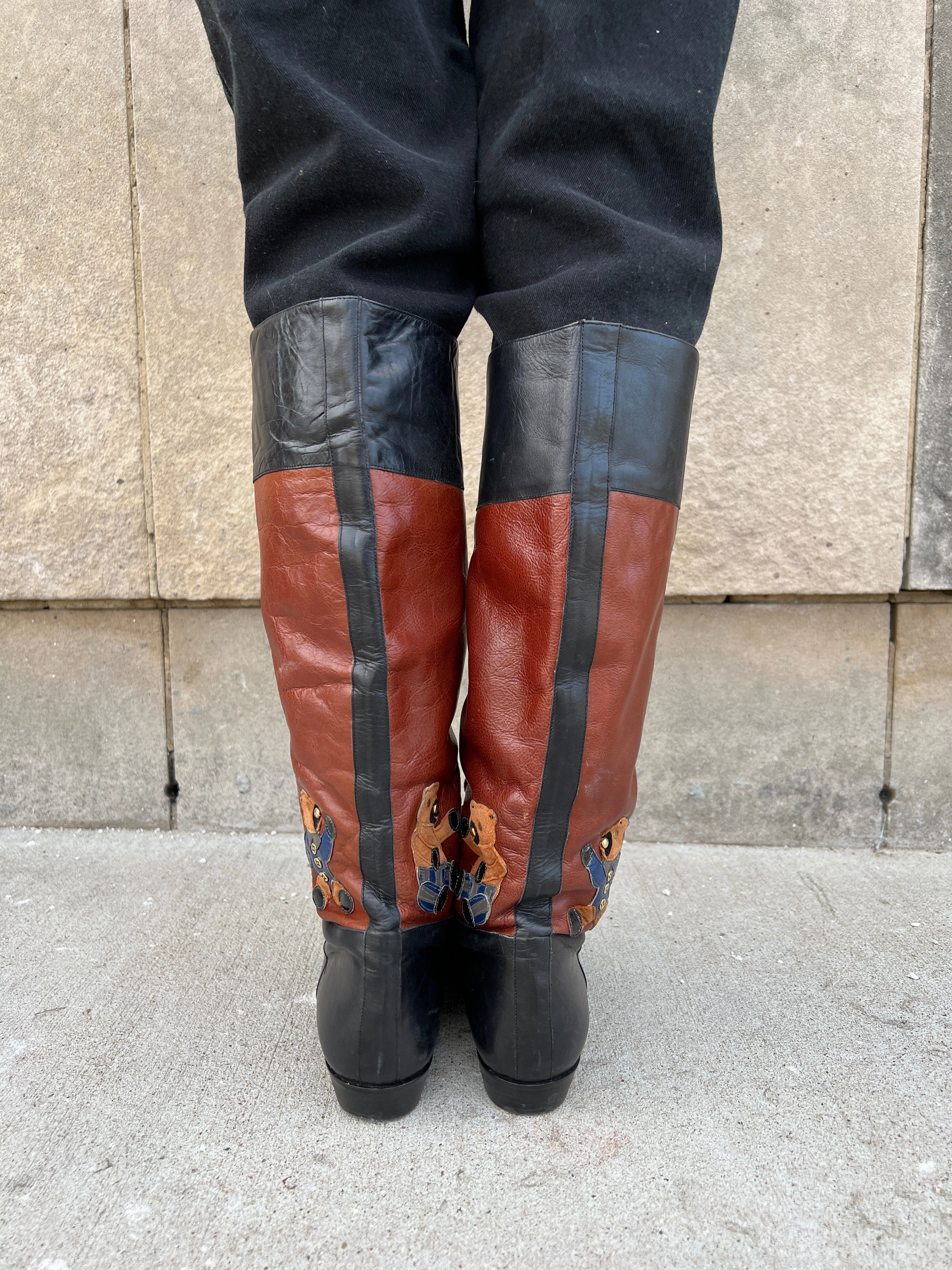 New Adidas Taekwondo Shoes 80s Black Leather Boots, Bear Decoration Beverly Feldman Size 8