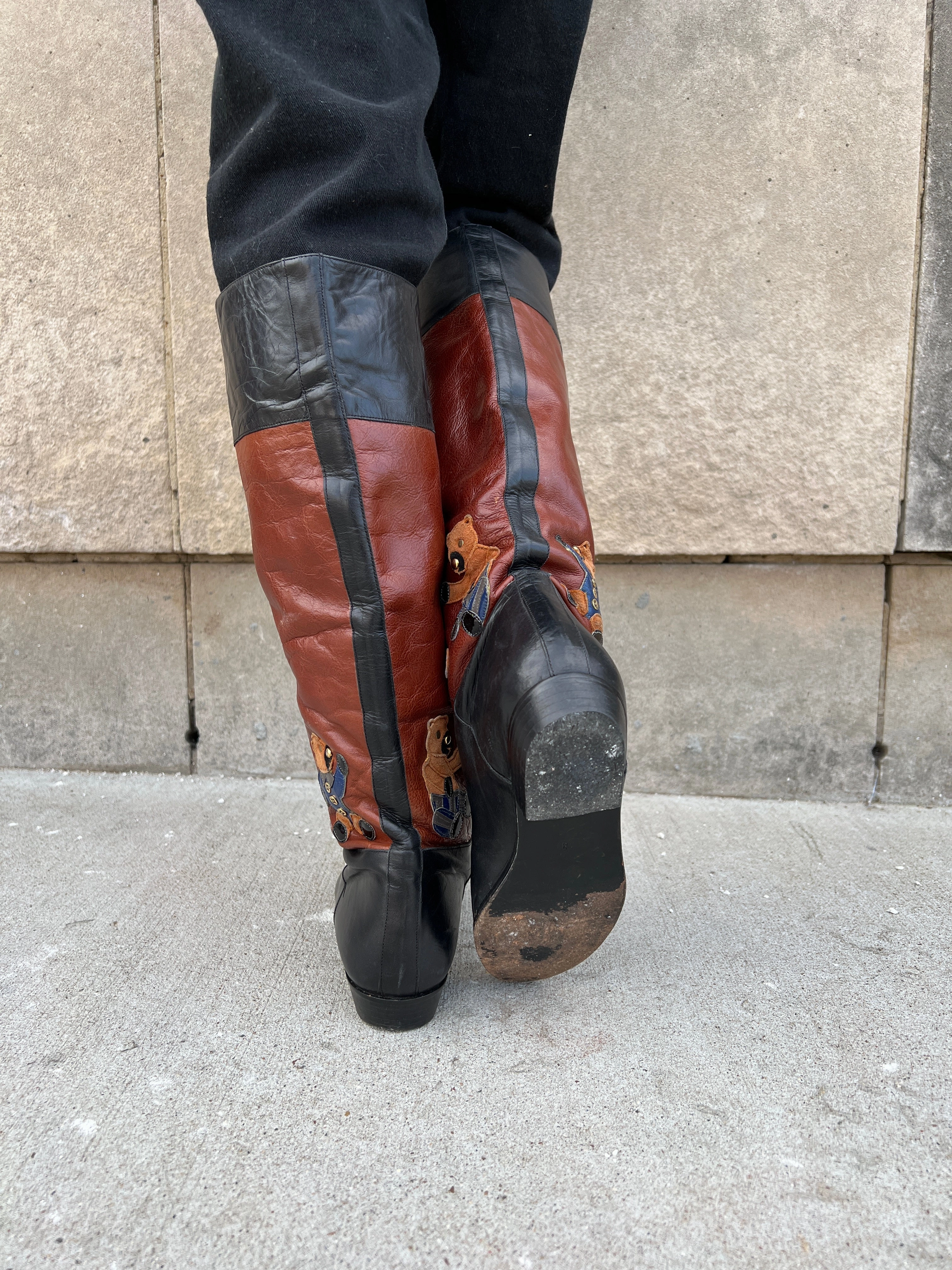 80s Black Leather Boots, Bear Decoration Beverly Feldman Size 8 Streetball Shoes Adidas