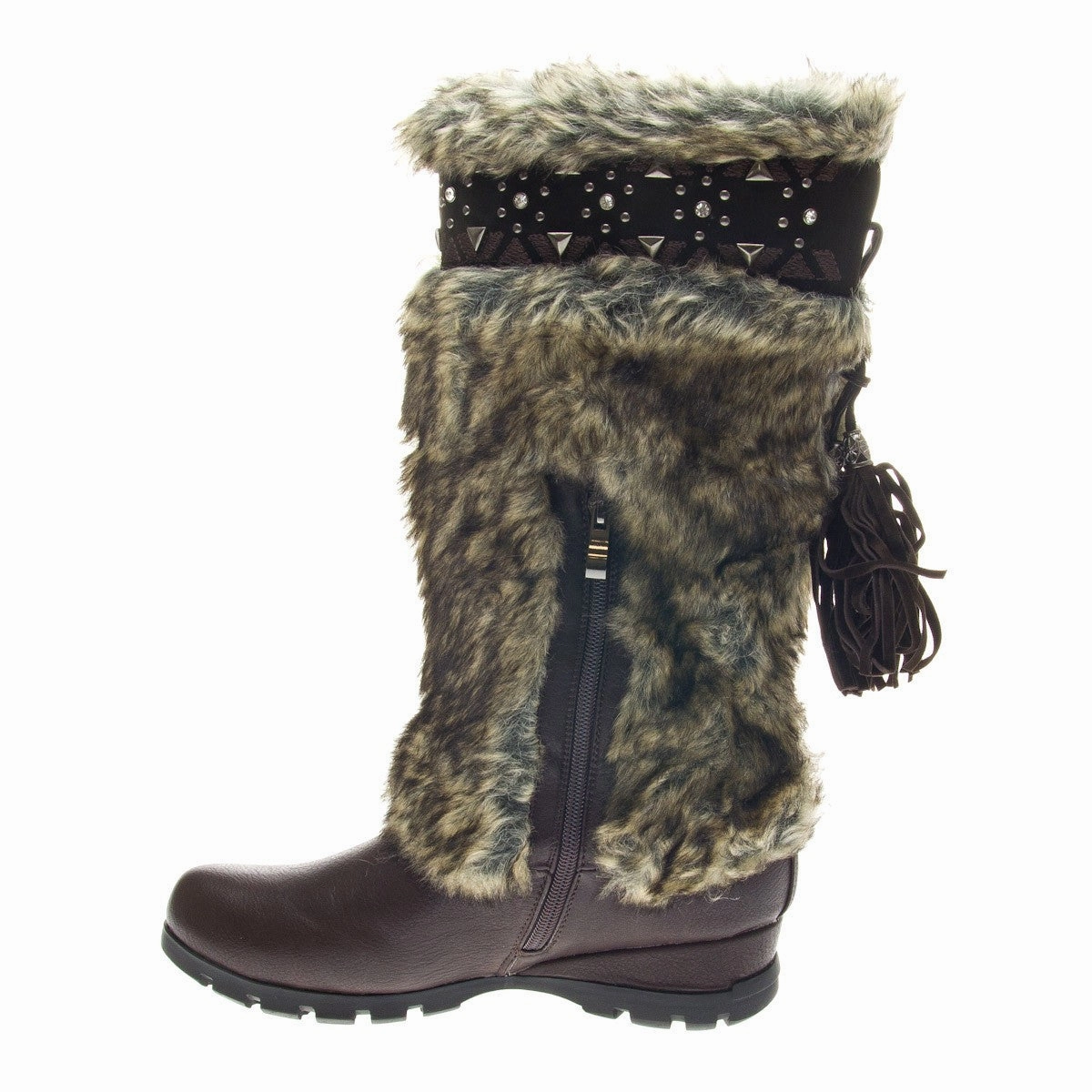 Brown Vegan Fur Rivet Studded Flat Mukluk Outdoor Boots Tretorn Kelly Rain Boots