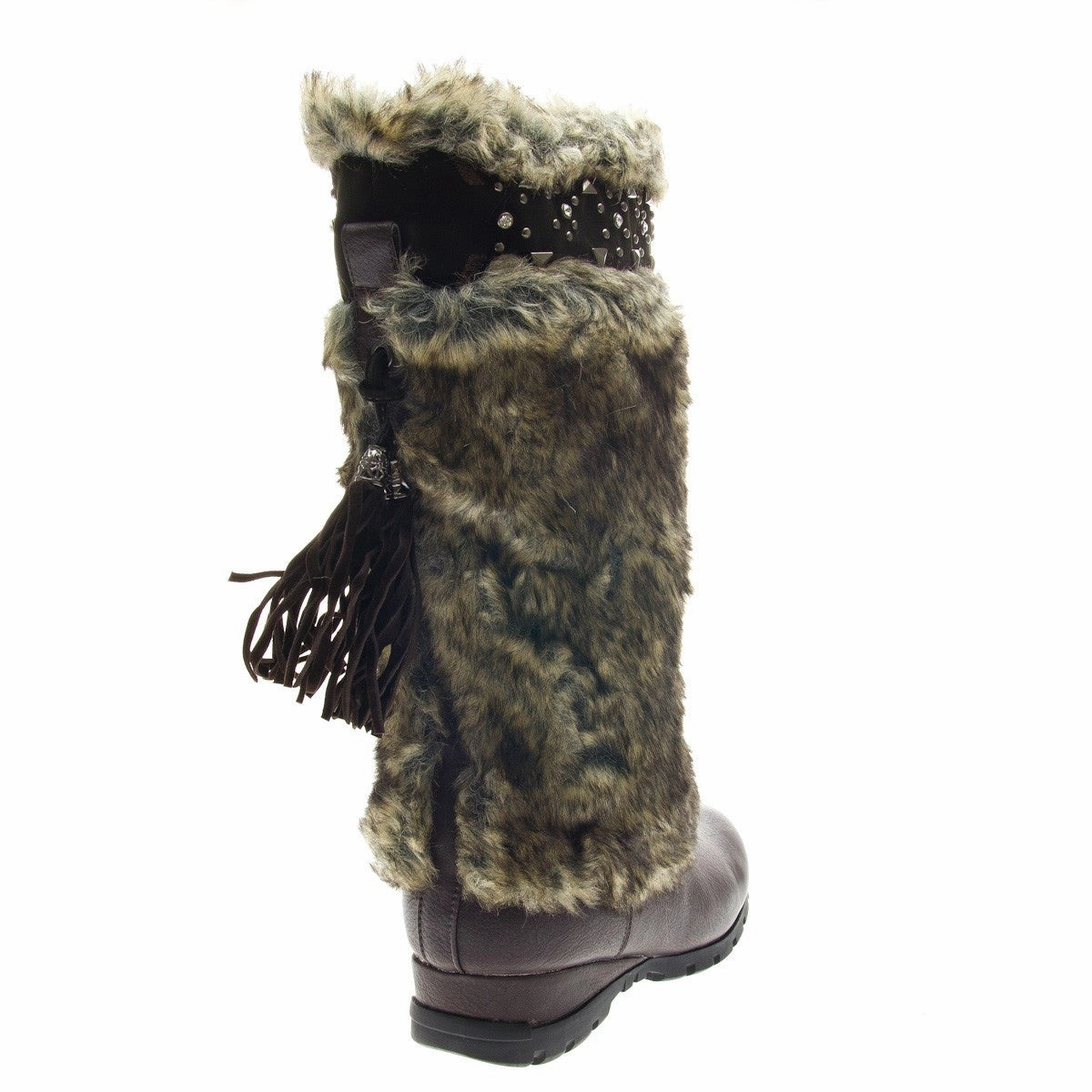 Brown Vegan Fur Rivet Studded Flat Mukluk Outdoor Boots Hm Rain Boots