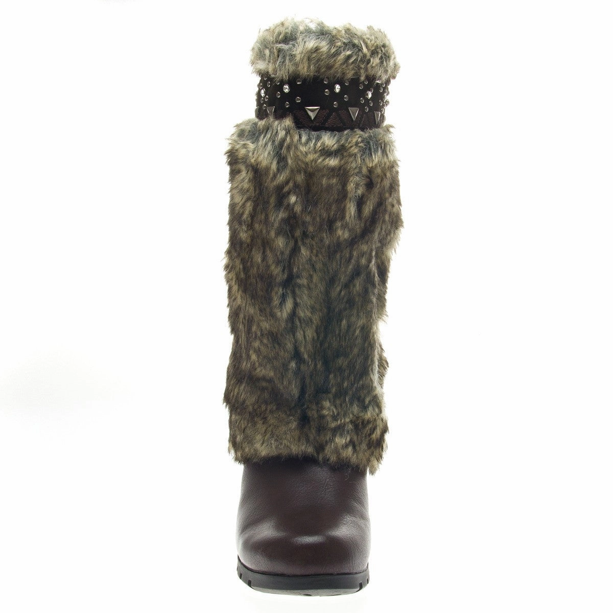 Brown Vegan Fur Rivet Studded Flat Mukluk Outdoor Boots Li
