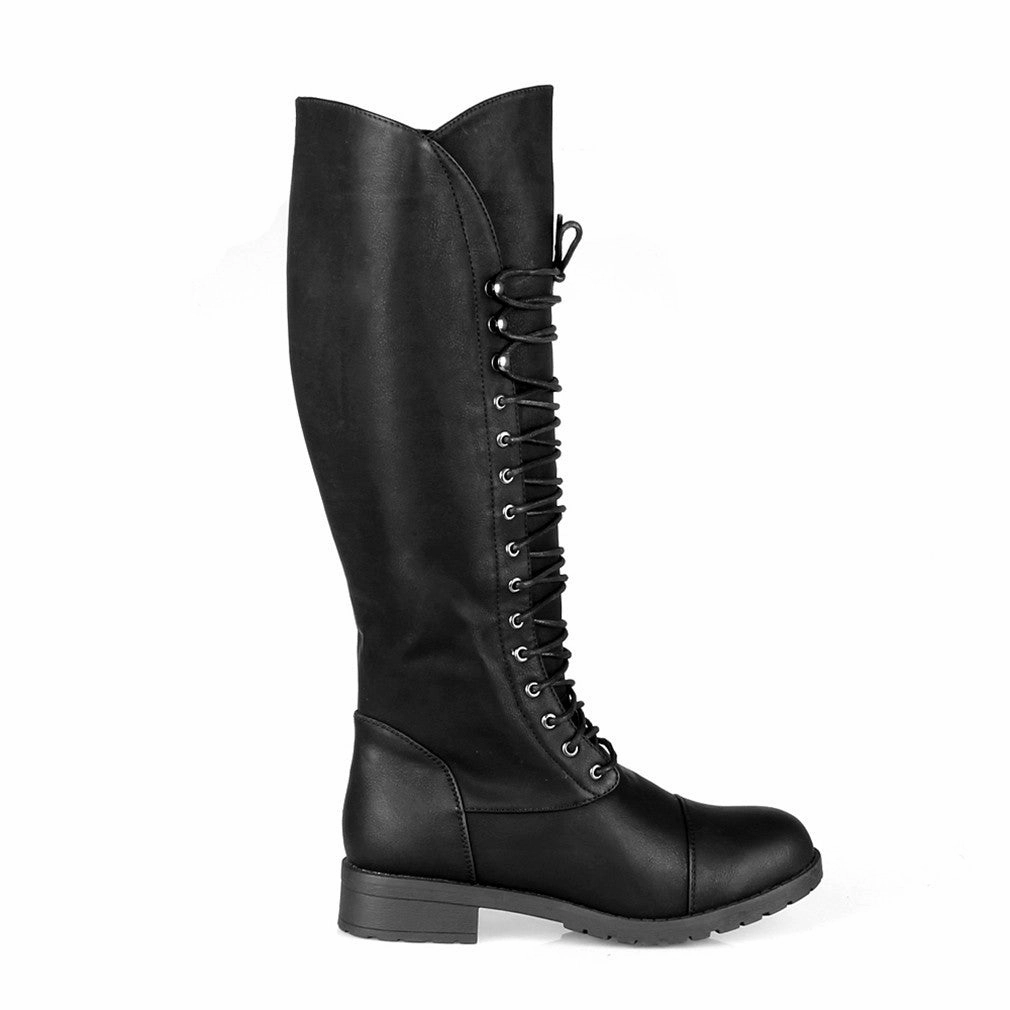 Black Vegan Leather Toe Cap Lace-Up Knee High Women's Riding Boots Striped Rain Boots