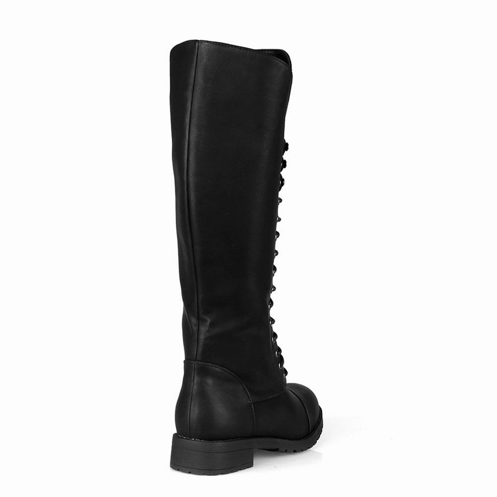 Black Vegan Leather Toe Cap Lace-Up Knee High Women's Riding Boots Gucci Rain Boots