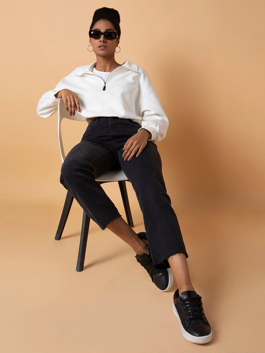 Women Solid Off White Oversized Top with tank top Work Boots A7573