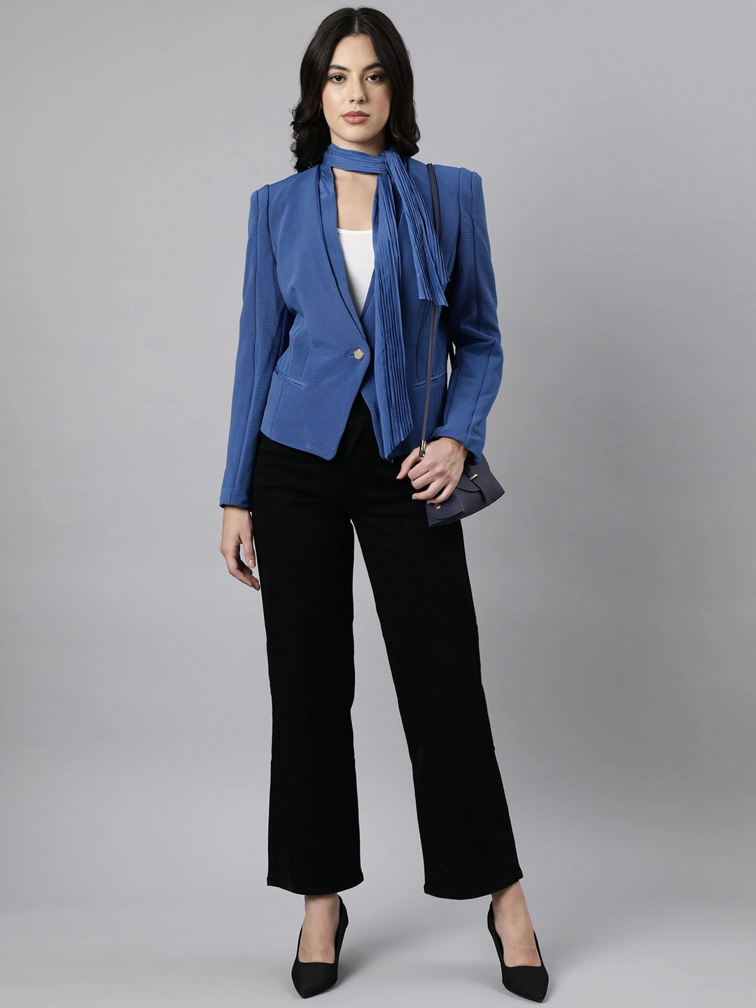 Cheap Leather Work Boots Women's Blue Single Breasted Slim-Fit Blazer Attached Scarf