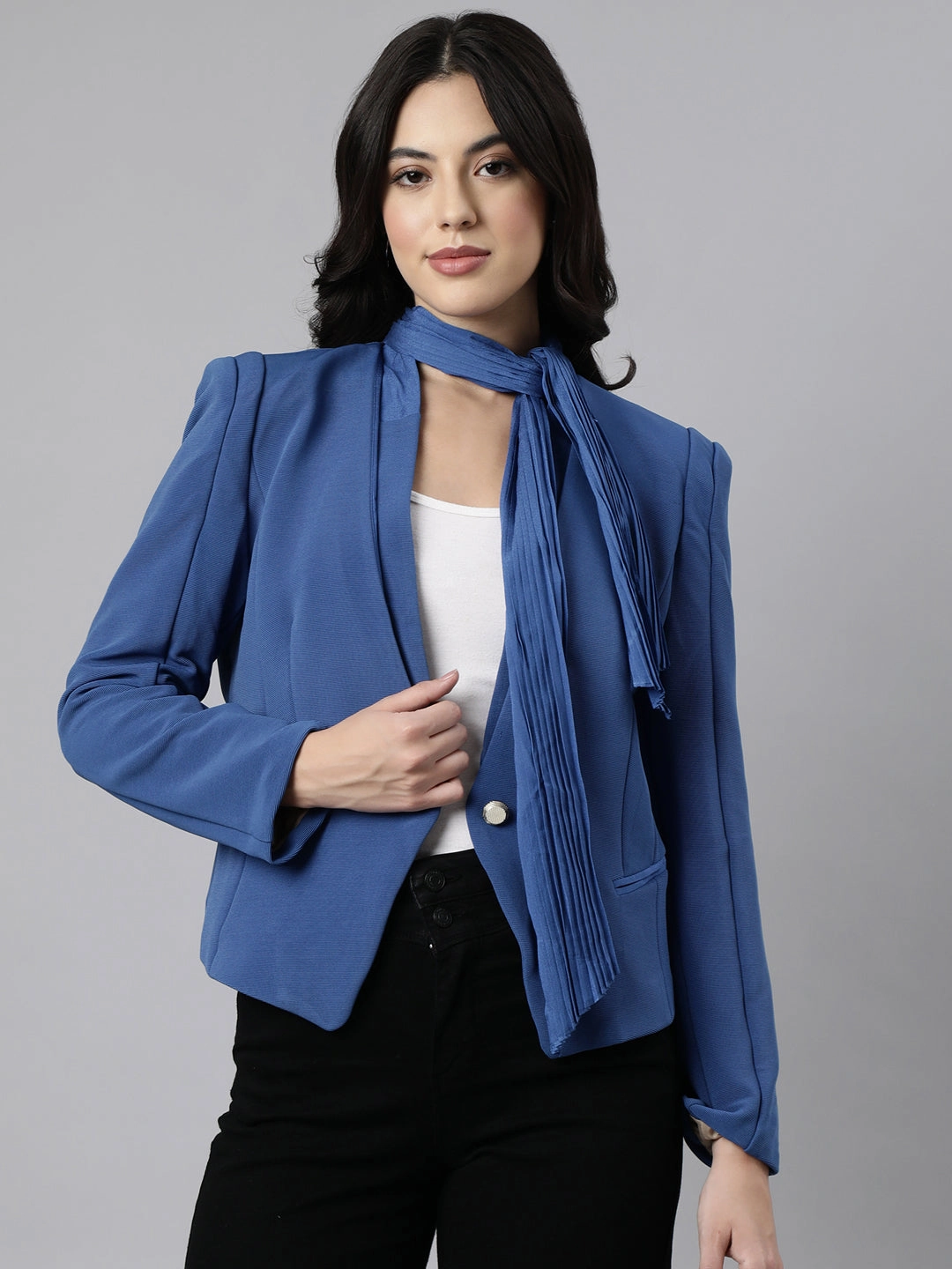 Women's Blue Single Breasted Slim-Fit Blazer Attached Scarf Best Work Boots With Plantar Fasciitis
