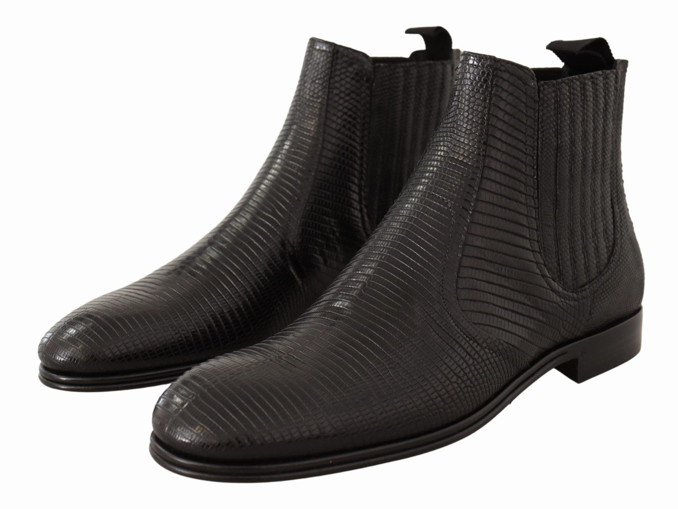 Dolce & Gabbana Elegant Black Leather Lizard Skin Derby Boots Wide Toe Steel Toe Boots