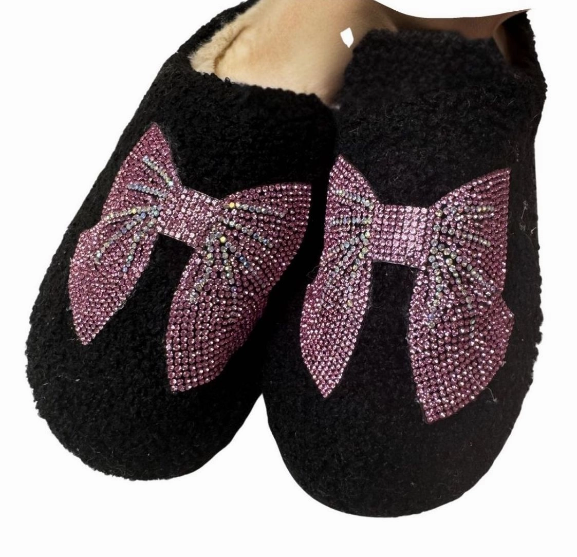 Slides Pure Bari Lynn Crystal Bow Patch Black Slippers - Pink Bow