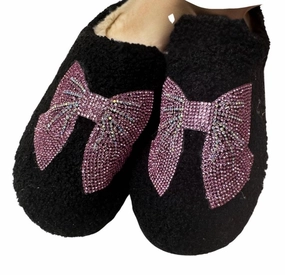 Bari Lynn Crystal Bow Patch Black Slippers - Pink Bow Microwave Slippers