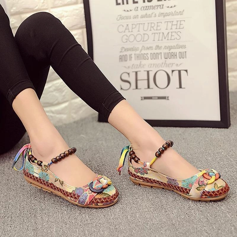 Bead Chain Knitting Butterflyknot For Women Vintage Retro National Wind Lace Up Flat Shoes Comfortable Flat Wedding Shoes