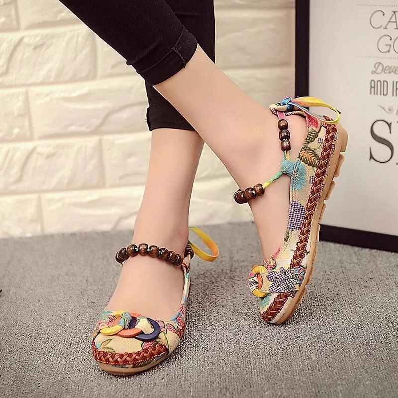 Bead Chain Knitting Butterflyknot For Women Vintage Retro National Wind Lace Up Flat Shoes Football Flat Shoes