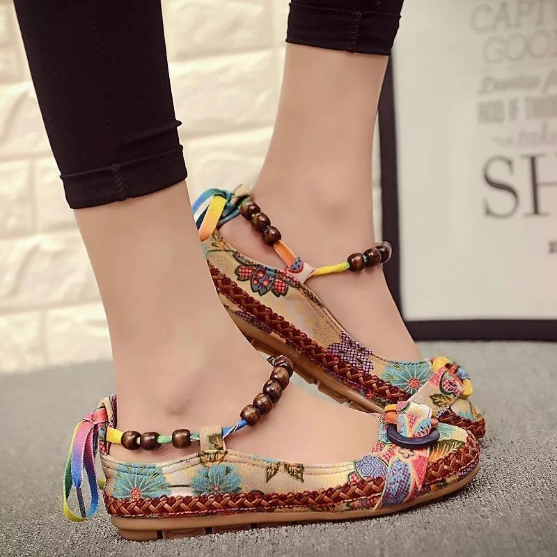 Bead Chain Knitting Butterflyknot For Women Vintage Retro National Wind Lace Up Flat Shoes Flat Sole Training Shoes