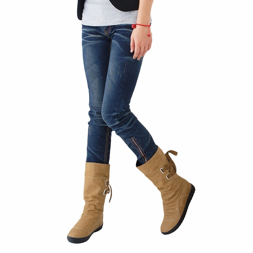 Big Size 39-42 Lace Up Short Boot Hidden Wedge Women Slip-on Riding Boot Mid-Calf botas Boots Shoes Woman SM6 Row Boots