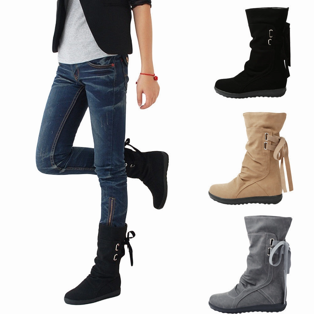 Big Size 39-42 Lace Up Short Boot Hidden Wedge Women Slip-on Riding Boot Mid-Calf botas Boots Shoes Woman SM6 High Knee Boots