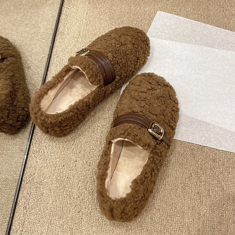 Flats That Look Like Pointe Shoes binfenxie  -  2024 Autumn Winter New Korean Plus Cashmere Warm Cotton Shoes for Women Fashion Casual Solid Color Outwear Flat Fur Shoes Female