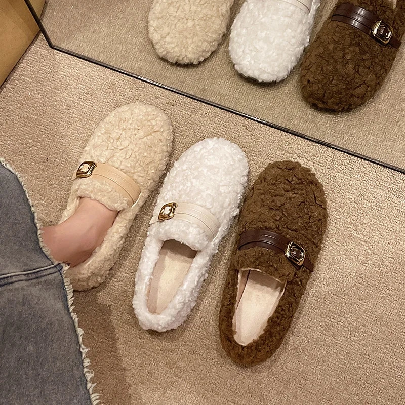 binfenxie  -  2024 Autumn Winter New Korean Plus Cashmere Warm Cotton Shoes for Women Fashion Casual Solid Color Outwear Flat Fur Shoes Female Bride Flat Shoes