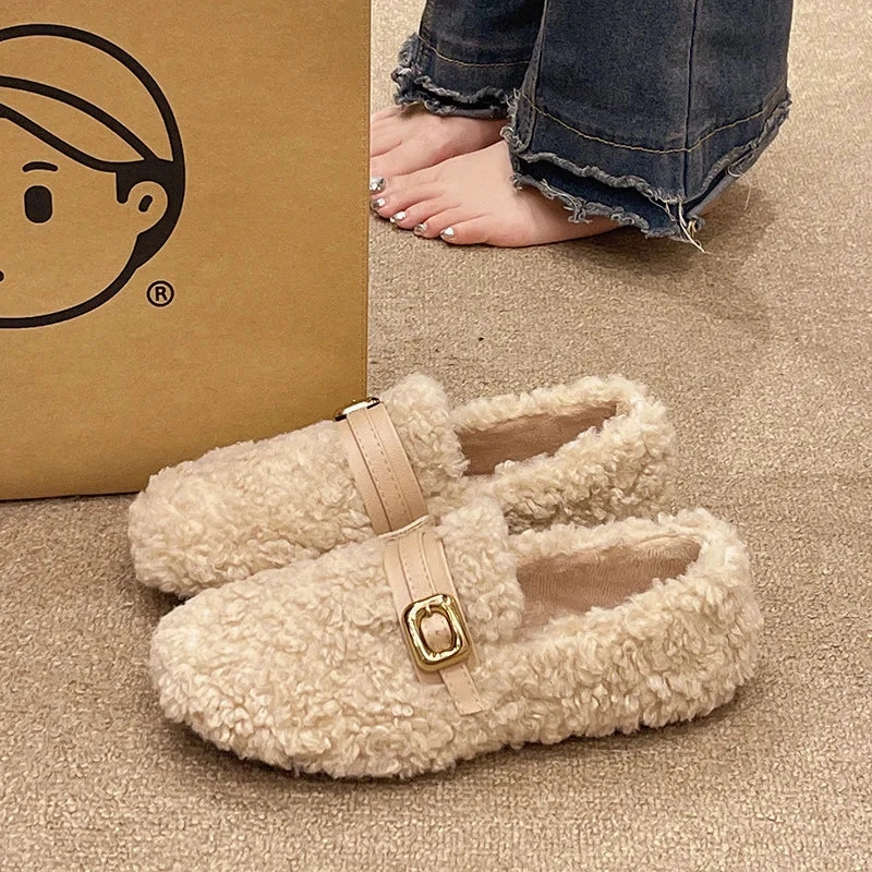 binfenxie  -  2024 Autumn Winter New Korean Plus Cashmere Warm Cotton Shoes for Women Fashion Casual Solid Color Outwear Flat Fur Shoes Female Most Popular Flat Shoes
