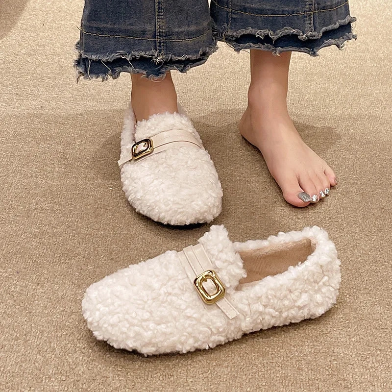 binfenxie  -  2024 Autumn Winter New Korean Plus Cashmere Warm Cotton Shoes for Women Fashion Casual Solid Color Outwear Flat Fur Shoes Female Comfortable Dress Shoes