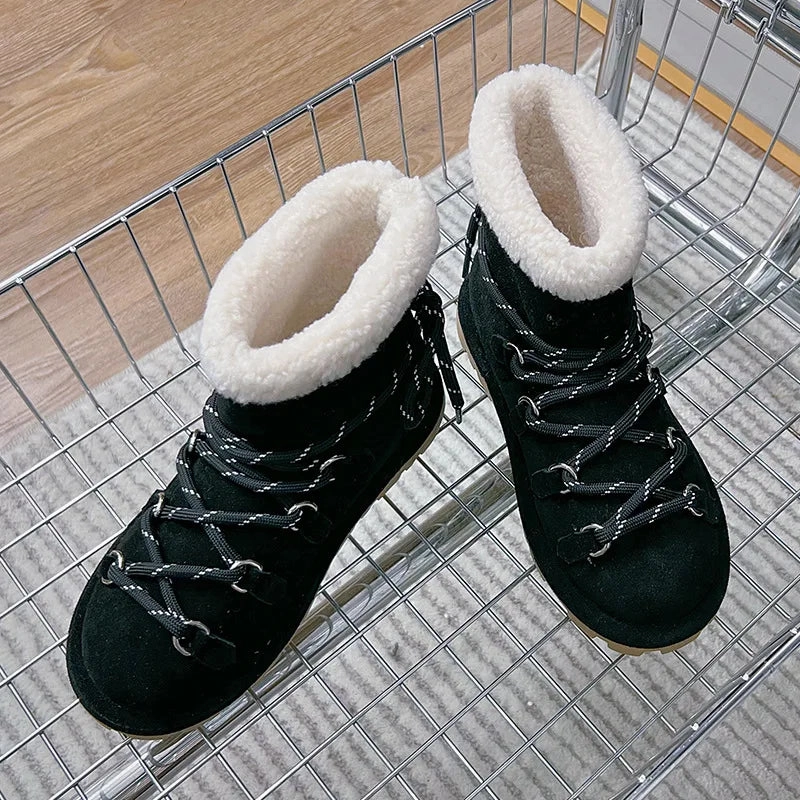 binfenxie  -  Genuine Leather Snow Boots Women Winter 2025 New Velvet Warm Lace Up Women's Ankle Booties Casual Flat Ankle Boots Ladies Vans Mte Standard Mid Chelsea Snow Boot