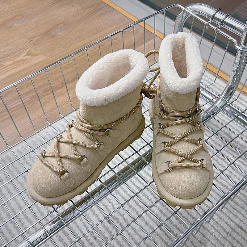 binfenxie  -  Genuine Leather Snow Boots Women Winter 2025 New Velvet Warm Lace Up Women's Ankle Booties Casual Flat Ankle Boots Ladies Sorel Snow Angel Boots