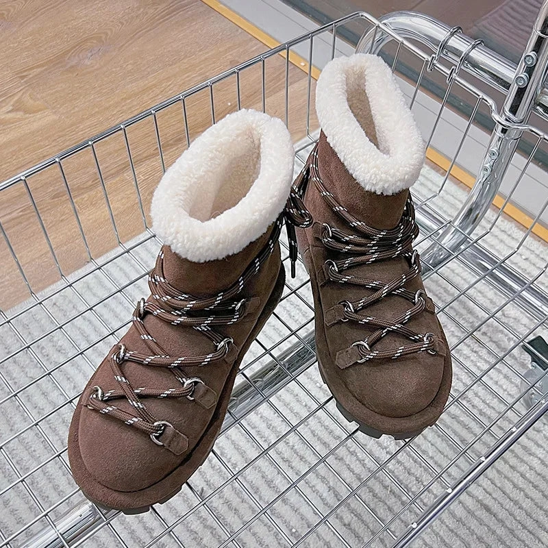 binfenxie  -  Genuine Leather Snow Boots Women Winter 2025 New Velvet Warm Lace Up Women's Ankle Booties Casual Flat Ankle Boots Ladies Cute Snow Boots