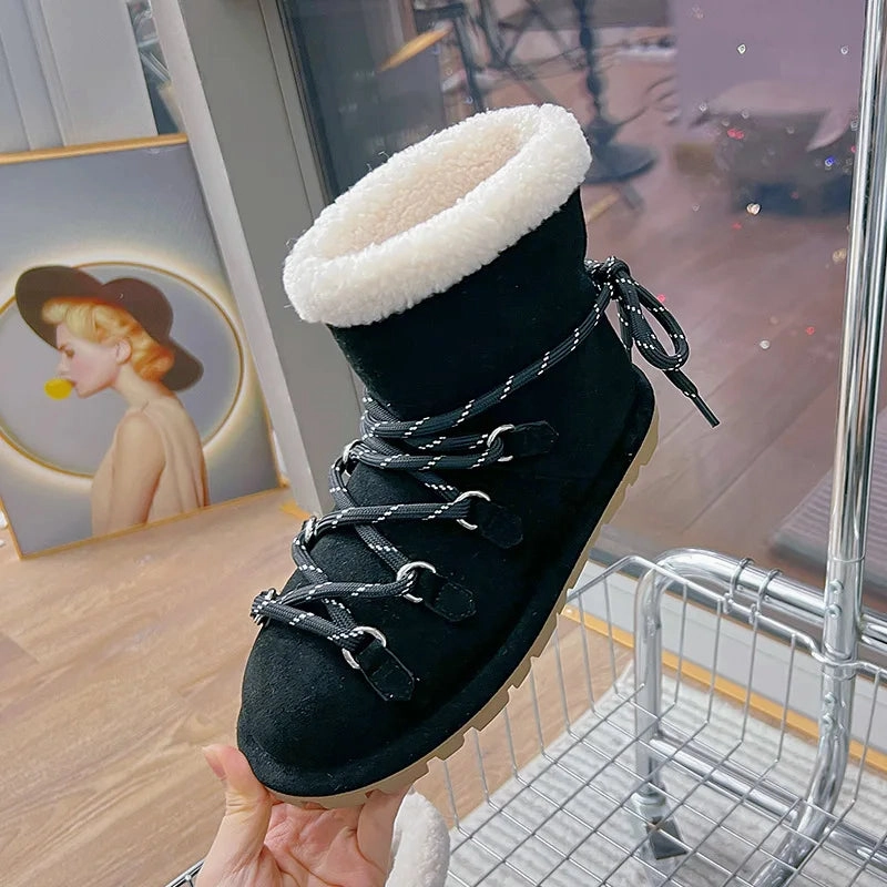 binfenxie  -  Genuine Leather Snow Boots Women Winter 2025 New Velvet Warm Lace Up Women's Ankle Booties Casual Flat Ankle Boots Ladies Rain And Snow Boots