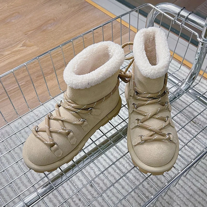 binfenxie  -  Genuine Leather Snow Boots Women Winter 2025 New Velvet Warm Lace Up Women's Ankle Booties Casual Flat Ankle Boots Ladies Juicy Couture Snow Boots