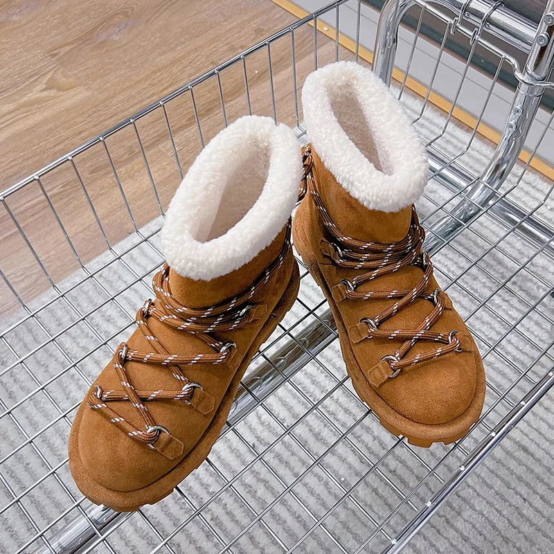 High Heeled Snow Boots binfenxie  -  Genuine Leather Snow Boots Women Winter 2025 New Velvet Warm Lace Up Women's Ankle Booties Casual Flat Ankle Boots Ladies
