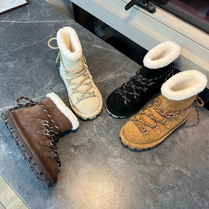 binfenxie  -  Genuine Leather Snow Boots Women Winter 2025 New Velvet Warm Lace Up Women's Ankle Booties Casual Flat Ankle Boots Ladies Rogue Lo Snow Boot