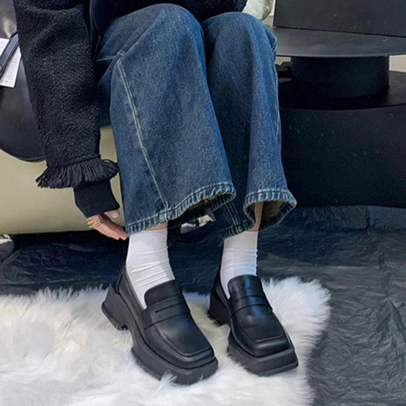 binfenxie  Style Square Toe Loafers Women 2023 Spring Patent Leather Platform Pumps Woman Slip On Thick Heels Oxford Shoes Jk Shoes Sock For Loafers