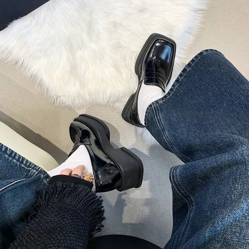 Loafers Socks Or No Socks binfenxie  Style Square Toe Loafers Women 2023 Spring Patent Leather Platform Pumps Woman Slip On Thick Heels Oxford Shoes Jk Shoes