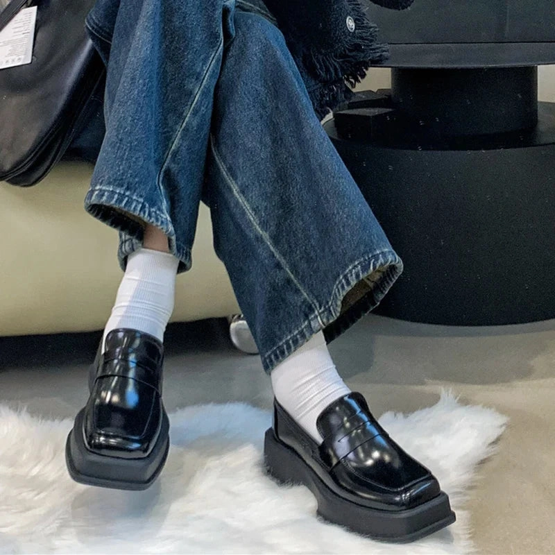 binfenxie  Style Square Toe Loafers Women 2023 Spring Patent Leather Platform Pumps Woman Slip On Thick Heels Oxford Shoes Jk Shoes Alligator Loafers