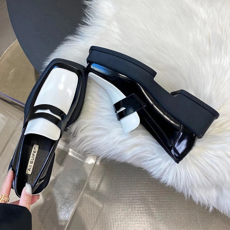 binfenxie  Style Square Toe Loafers Women 2023 Spring Patent Leather Platform Pumps Woman Slip On Thick Heels Oxford Shoes Jk Shoes House Loafers