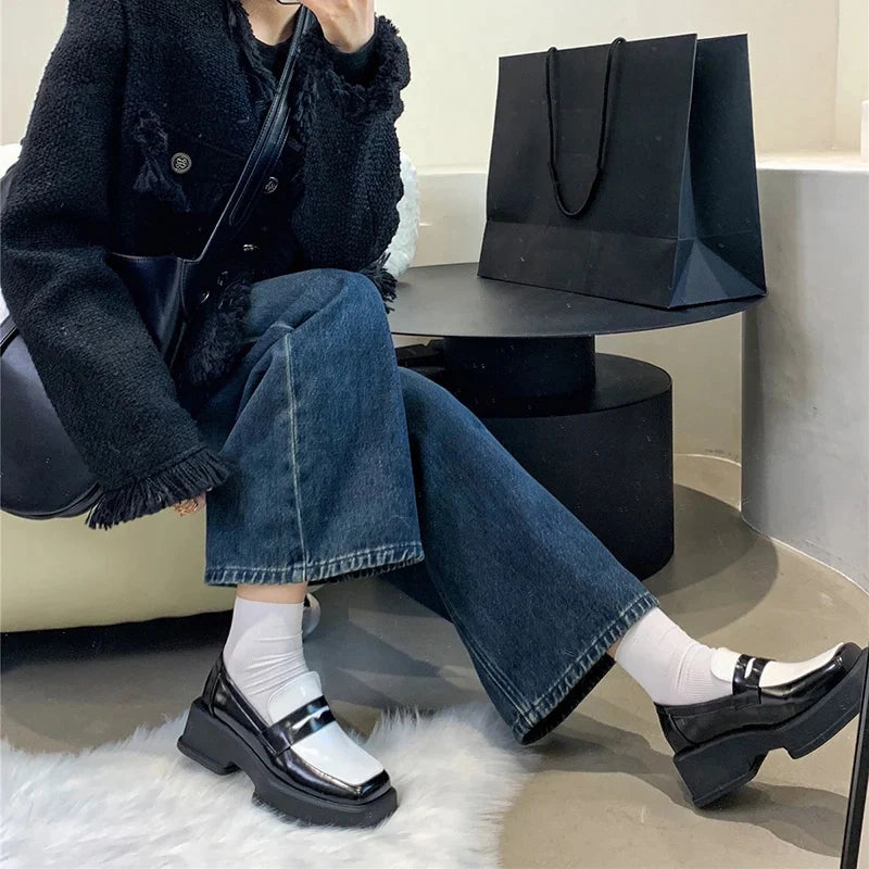 Rene Caovilla Loafers binfenxie  Style Square Toe Loafers Women 2023 Spring Patent Leather Platform Pumps Woman Slip On Thick Heels Oxford Shoes Jk Shoes