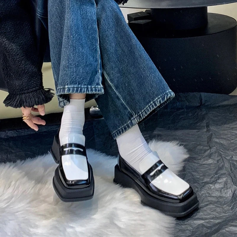 binfenxie  Style Square Toe Loafers Women 2023 Spring Patent Leather Platform Pumps Woman Slip On Thick Heels Oxford Shoes Jk Shoes Bulky Loafers