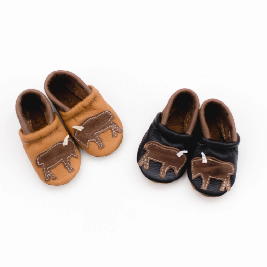 Bison on Black  Leather Shoes Moccs Baby and Toddler Dog In High Heels