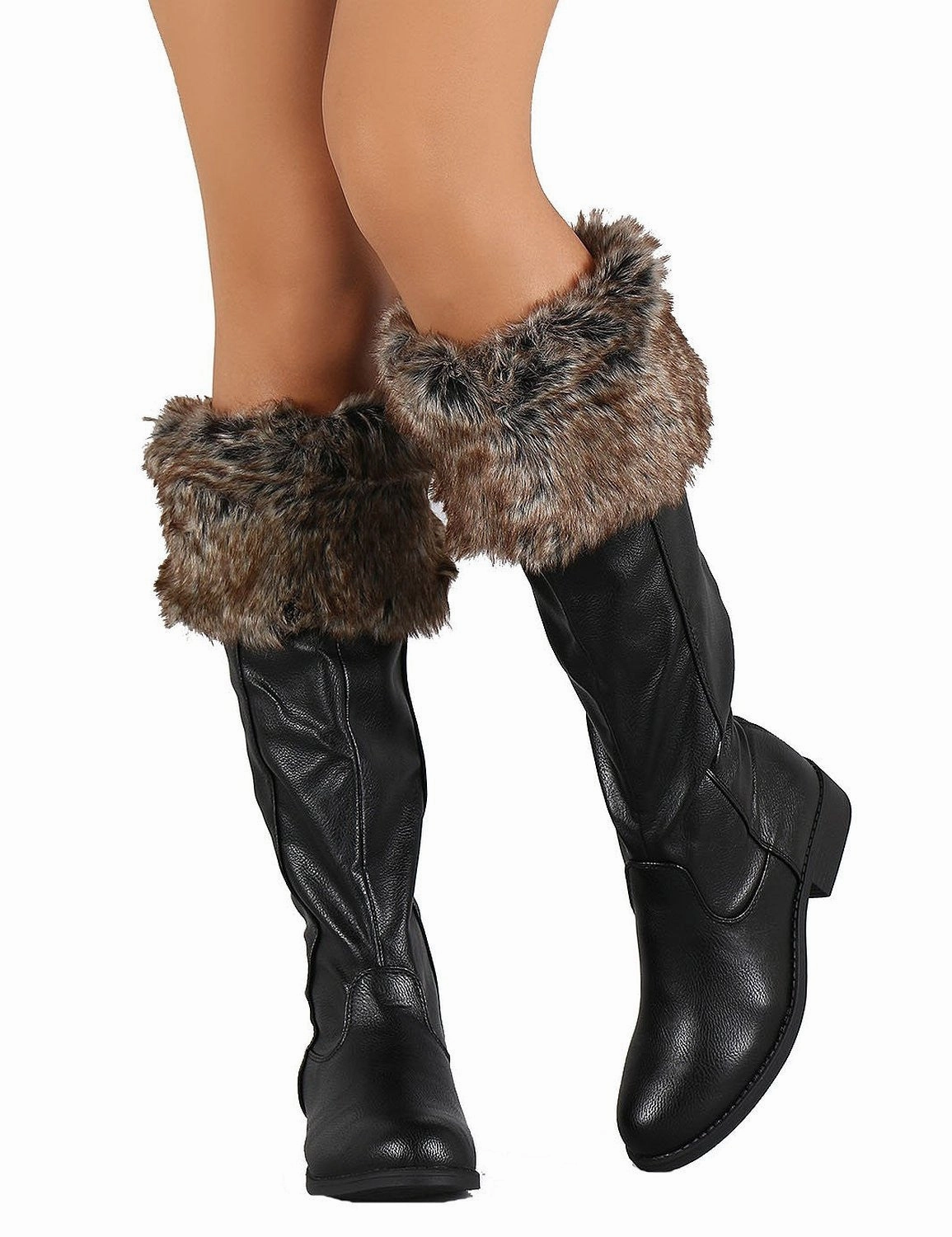 Staheekum Ankle Rain Boot Black Faux Fur Cuff Round Toe Riding Knee High Vegan Boots