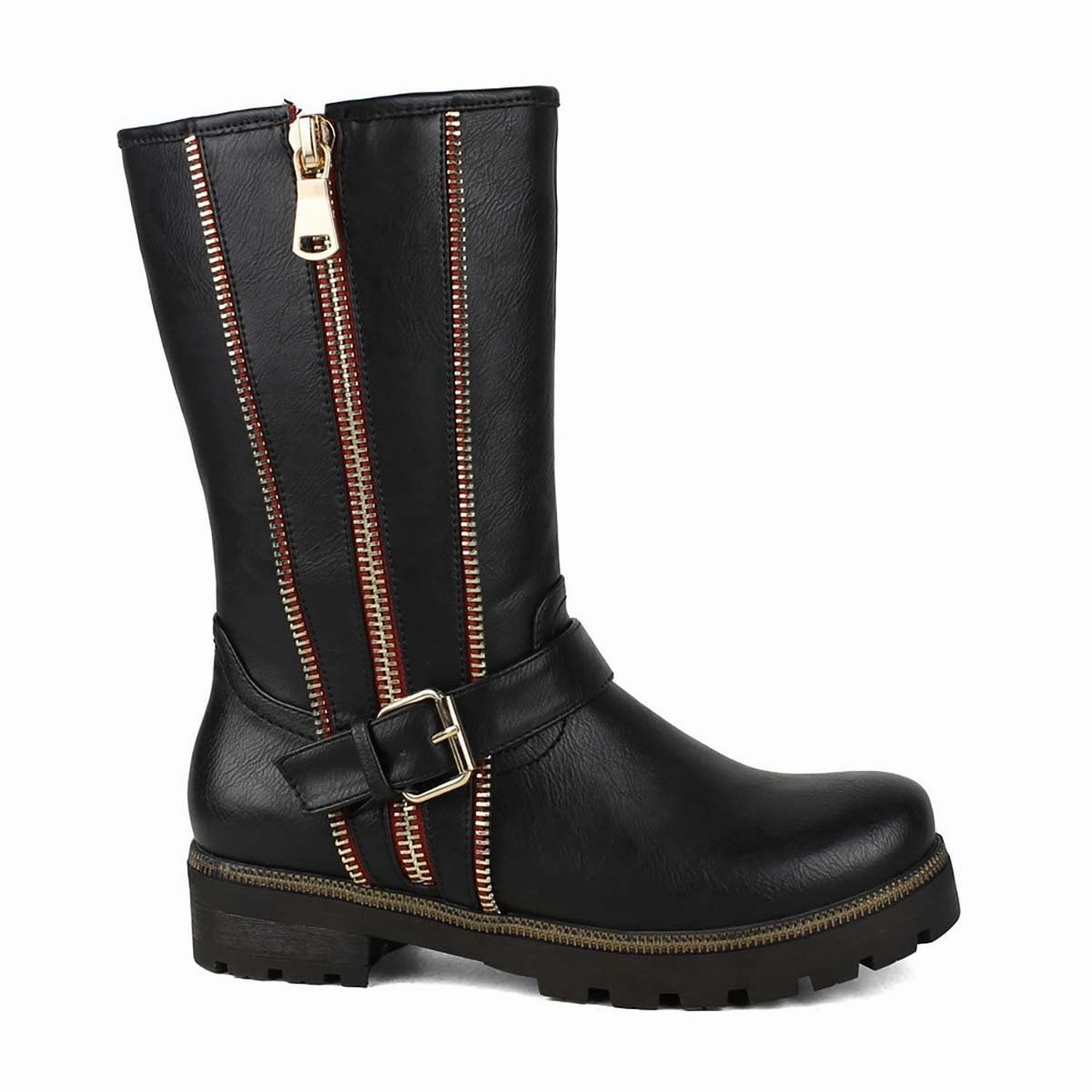 Kamik Tall Rain Boots Black Gold zipper & Buckle embelished Women's Zip-up Mid-calf Riding Boot