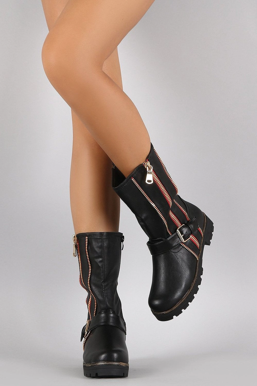 Black Gold zipper & Buckle embelished Women's Zip-up Mid-calf Riding Boot Vs Rain Boots