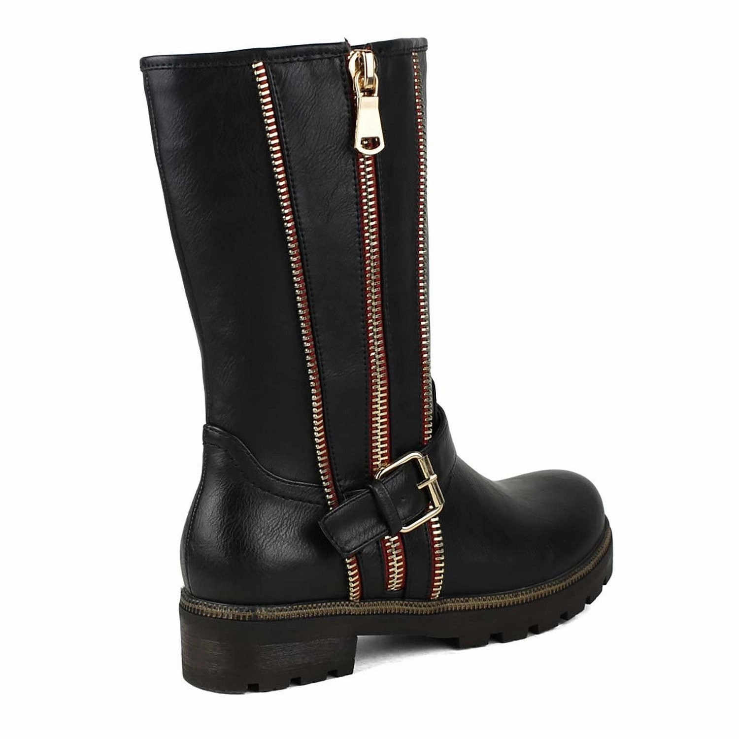 Black Gold zipper & Buckle embelished Women's Zip-up Mid-calf Riding Boot Li