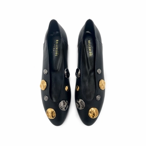 Black leather high shoe-vamp flats with gold and iron studs Heels With Knee High Socks