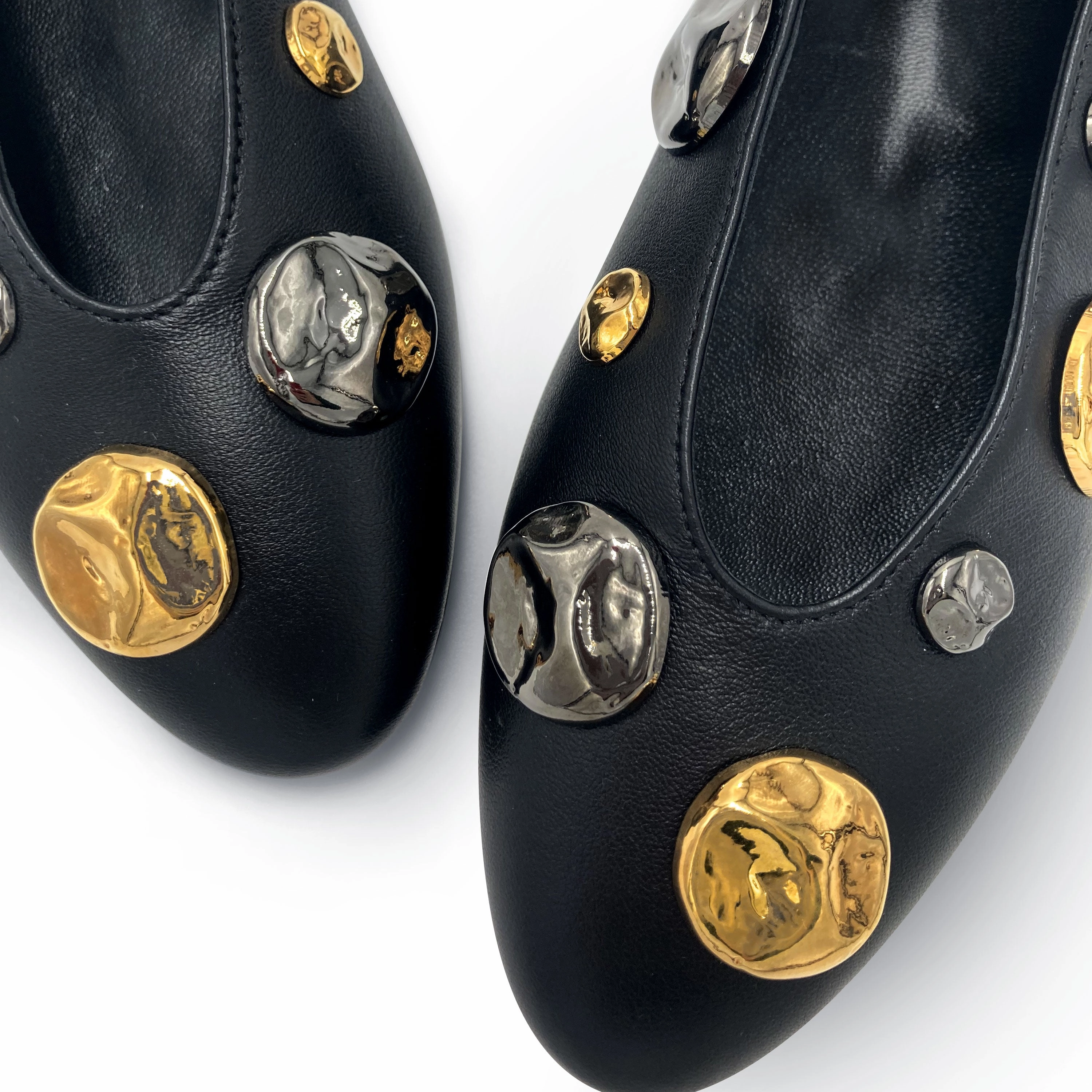 Black leather high shoe-vamp flats with gold and iron studs Skull High Heel Shoes