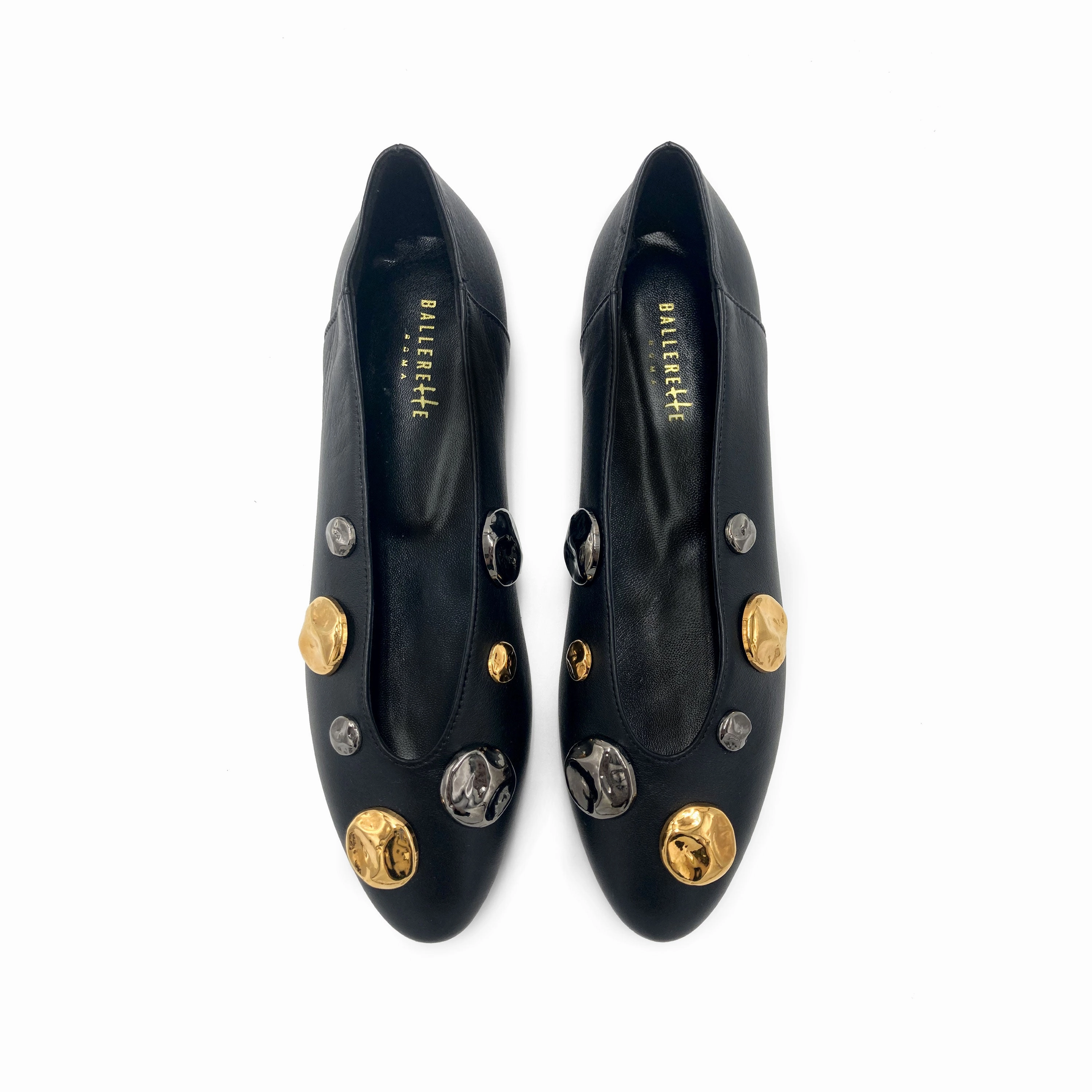 Leather Knee High Boots Wedge Heel Black leather high shoe-vamp flats with gold and iron studs