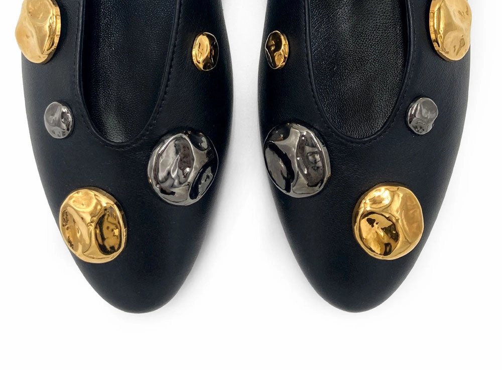 Black leather high shoe-vamp flats with gold and iron studs Decorated High Heels
